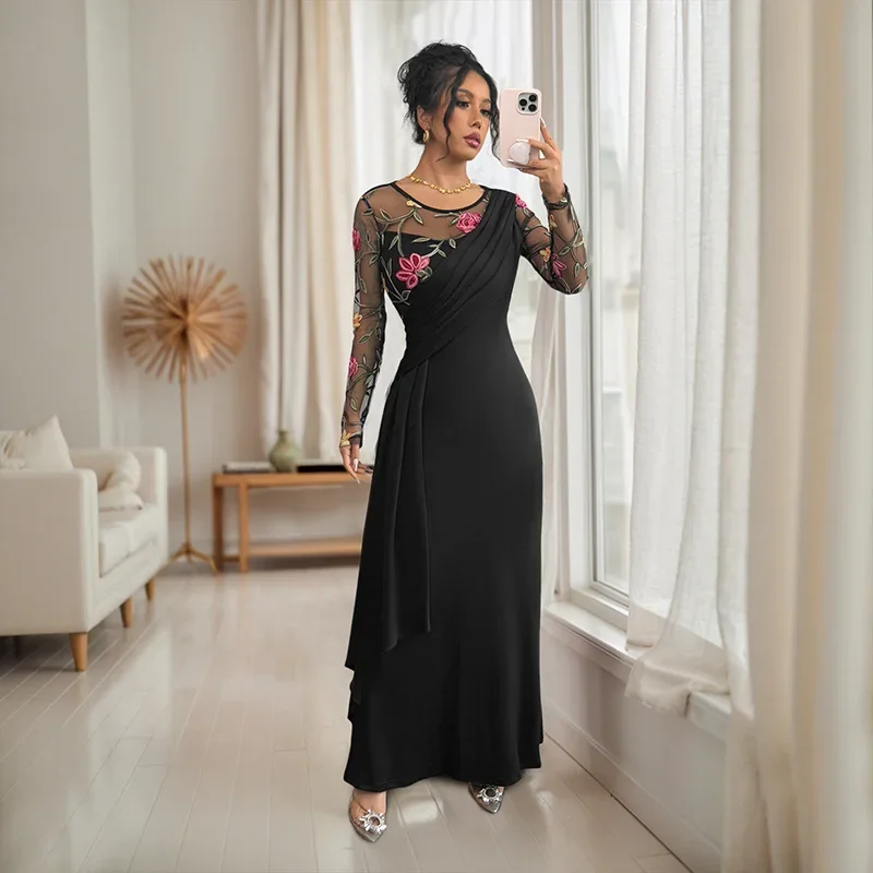 Alternative view of Retro round Neck Embroidered Mesh Splice Long Sleeve Dress Women's Black Ankle-length Empire Waist Gown for Autumn 2025