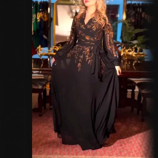 Fashionable V-neck Long Sleeve Waist-cinching Dress Spring Summer New Style Retro Design Cross-Border Elegant Midi Dress