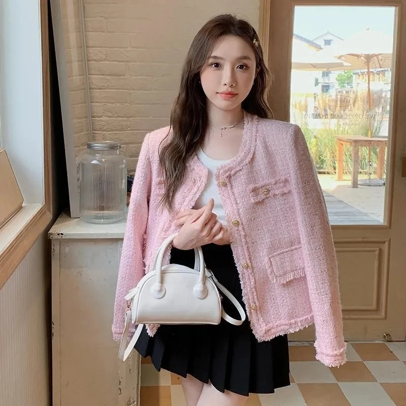 Alternative view of 2025 Women Small Fragrance Short Coat Korean Sweet Tweed Jacket Elegant Slim Chic O Neck Single Breasted Female Outwear Tops