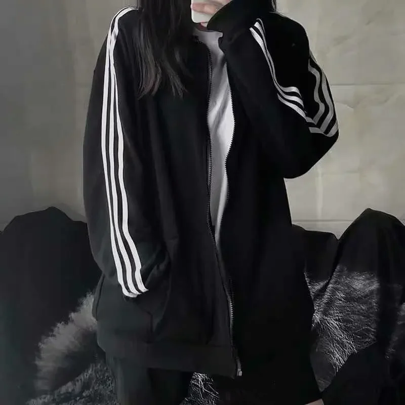 Alternative view of Autumn Winter Three-Stripes Baseball Jacket Thin Style Unisex Loose Fit Pure Color Korean Version Student Class Uniform Top