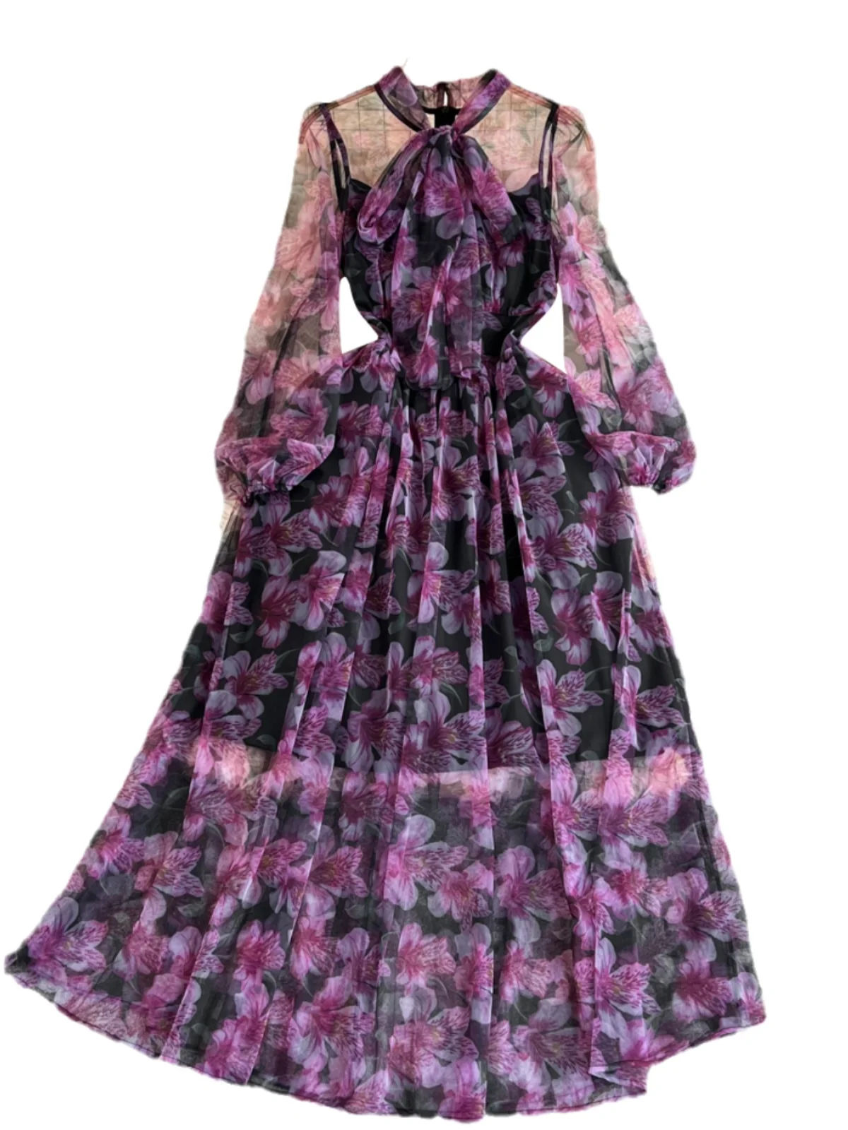 Ele Long Sve Knot Waist Cinched Slim A-Line Printed Chiffon Dr Midi Skirt Ele Full Length Gown - Image 4