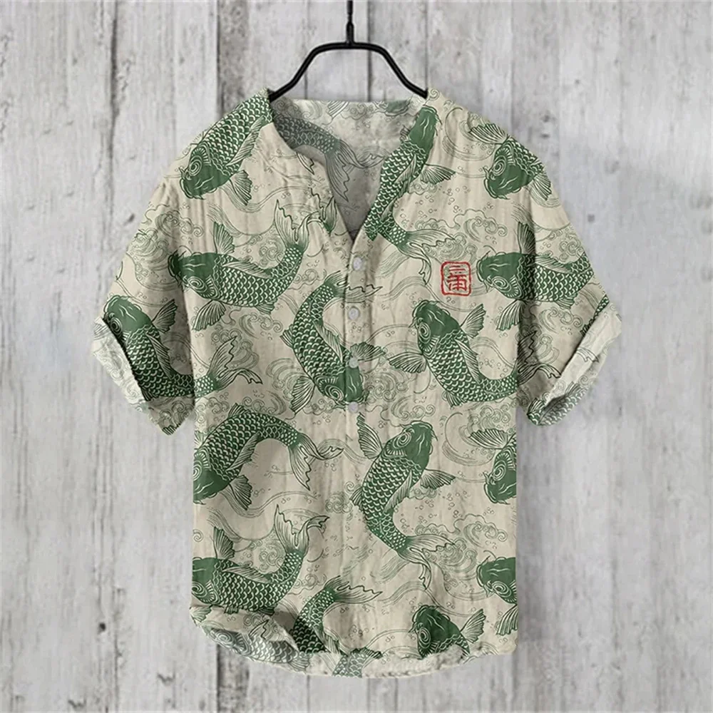 Men's short-sleeved polo shirt linen shirt digital print carp graphic quality comfortable men's top retro pullover shirt V-neck