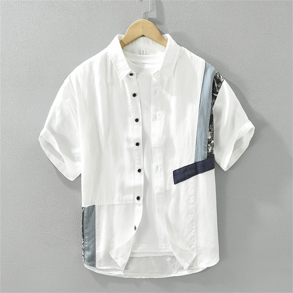 2025 men's shirts short sleeve splicing Linen shirt man Fresh Casual men clothing Tops Loose breathable Fit Summer daily wear