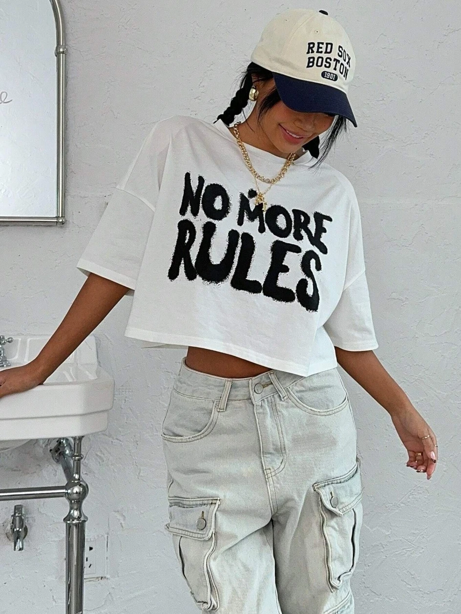 Alternative view of 100% Cotton Women Crop T-shirts No More Rules Letter Prints Tops O-Neck Short Sleeves Tees Summer Fashion Street Female Clothing