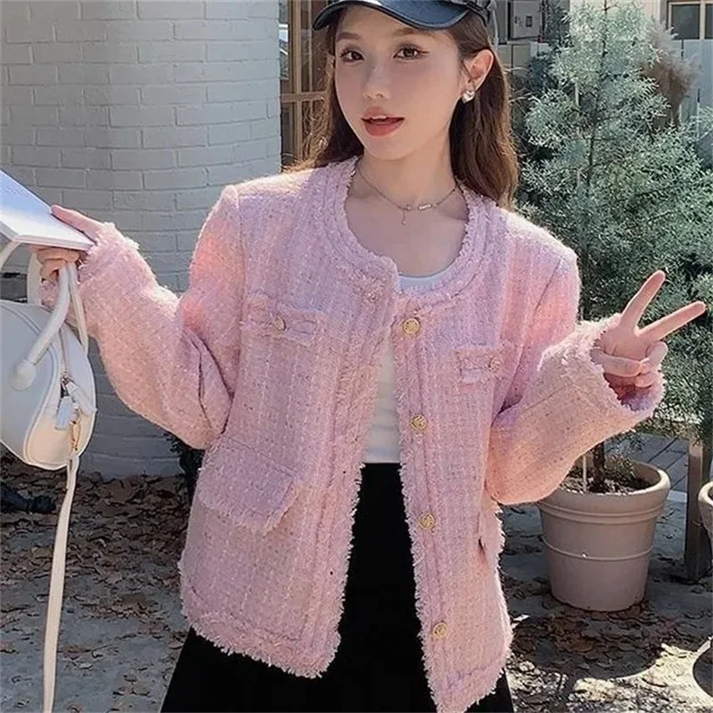 2025 Women Small Fragrance Short Coat Korean Sweet Tweed Jacket Elegant Slim Chic O Neck Single Breasted Female Outwear Tops - Image 4