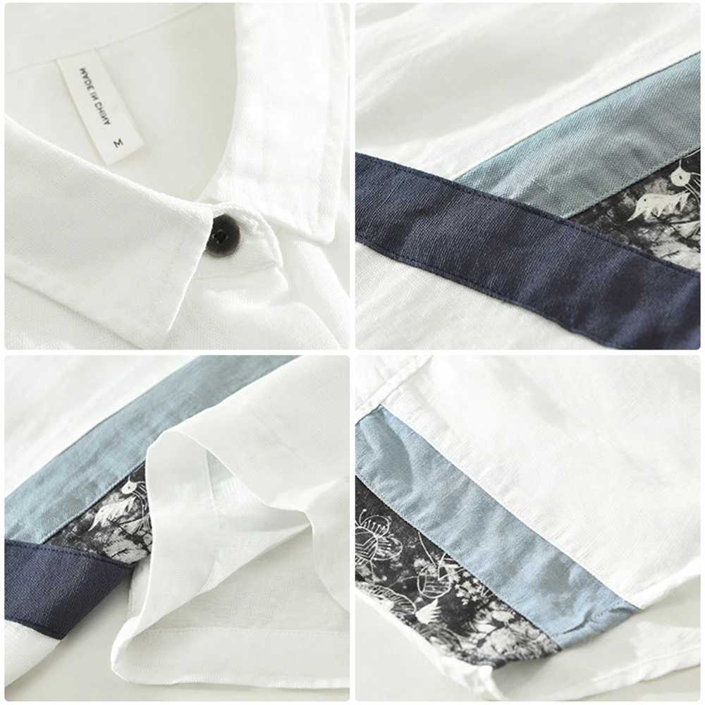 Alternative view of 2025 men's shirts short sleeve splicing Linen shirt man Fresh Casual men clothing Tops Loose breathable Fit Summer daily wear
