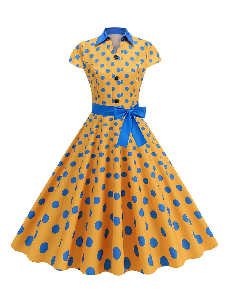 Elegant Vintage Summer Women Dress Polka Dot Print Turn-Down Collar Party Sundress with Belt