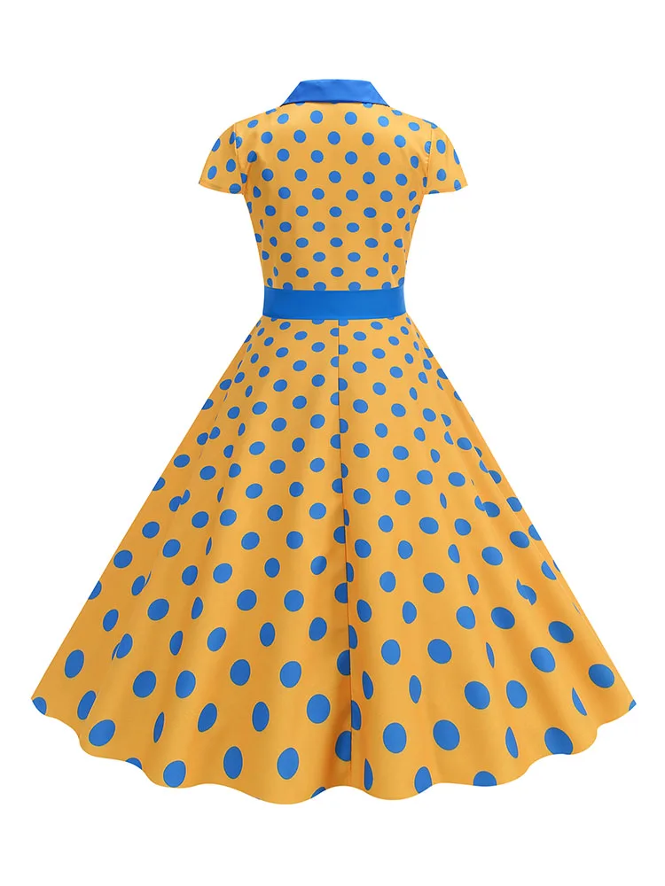 Alternative view of Elegant Vintage Summer Women Dress Polka Dot Print Turn-Down Collar Party Sundress with Belt