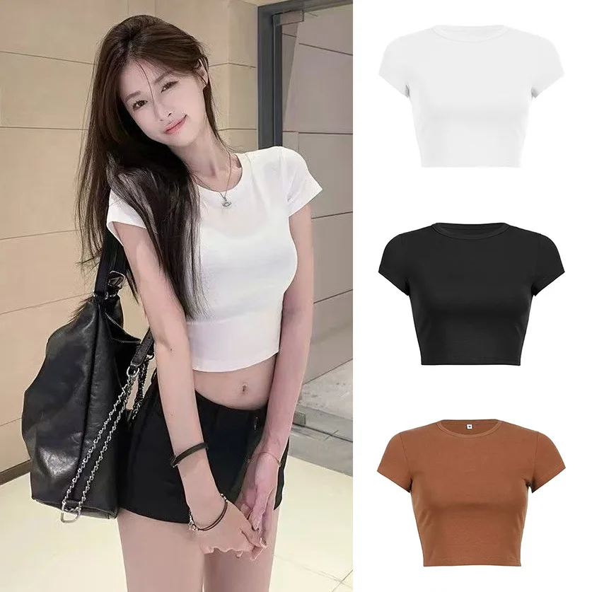 2025 Summer Slim T-Shirt Women Sexy Short Sleeve T Shirt O-Neck Tee Female Solid Basic Black White Korean Crop Tops Hot Tee
