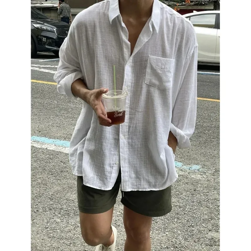 2025 Unisex Oversized Linen Men's Shirt Coat Men's Long Sleeve Casual Loose Fit Fashion Korean Style Sun Protection Clothing