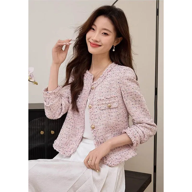 Ladies Short Jacket 2025 Spring Autumn High End Single-Breasted Lady Outerwear High-Grade Tweed Retro Style Women's Slim Coat - Image 4