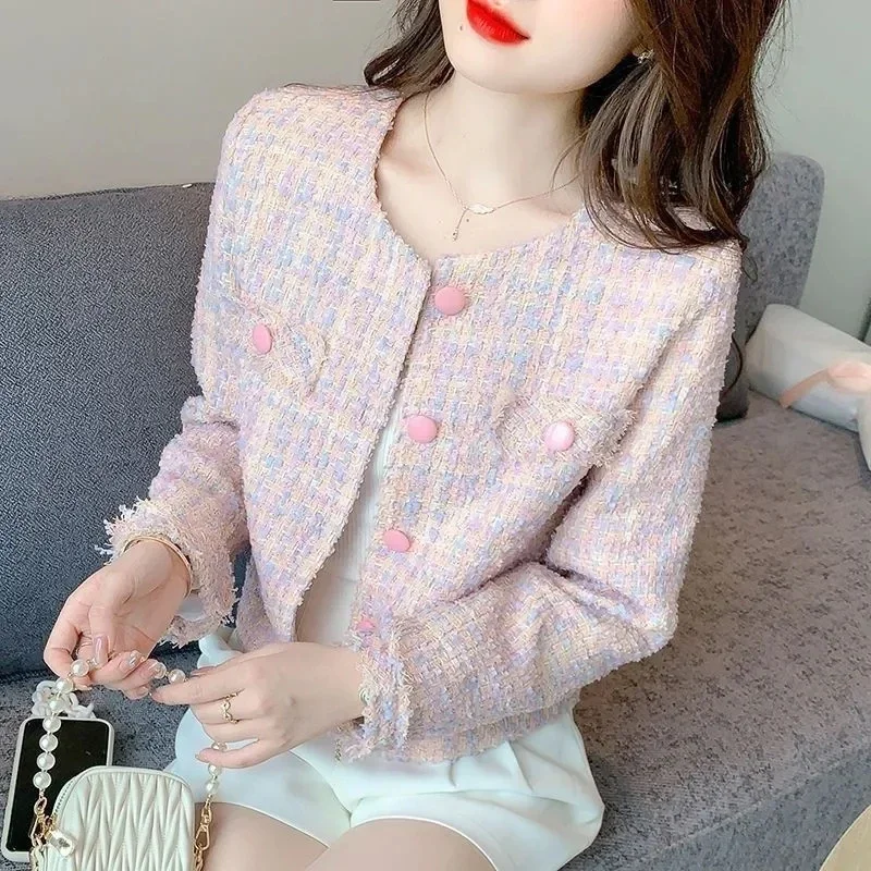 Alternative view of Women's Jacket 2024 Spring Autumn New Pink Tweed Small Fragrance Coat Short Jacket Korean Fashion Elegant Female Outerwear Tops