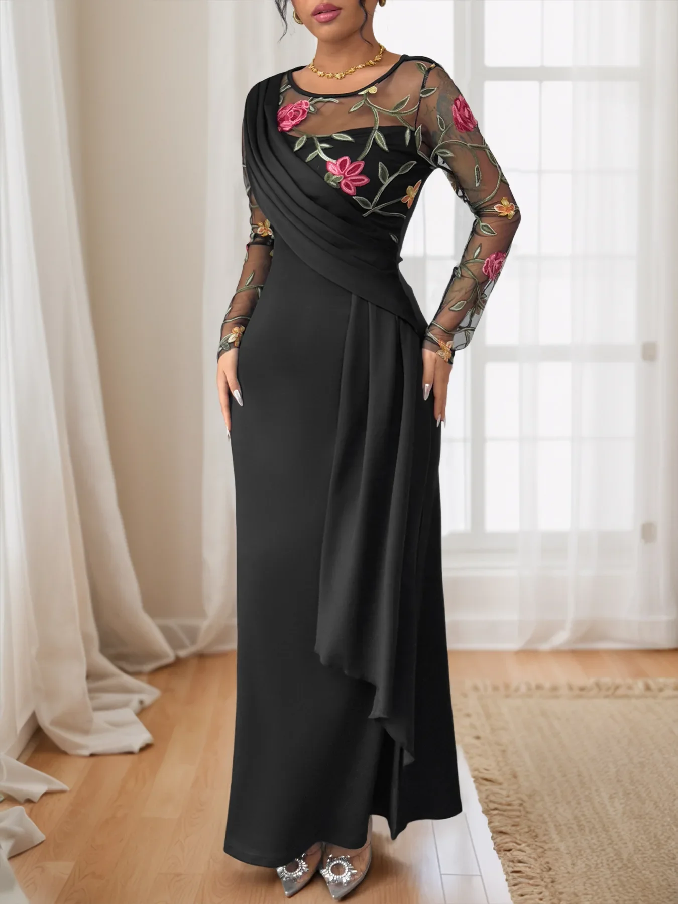 Retro round Neck Embroidered Mesh Splice Long Sleeve Dress Women's Black Ankle-length Empire Waist Gown for Autumn 2025
