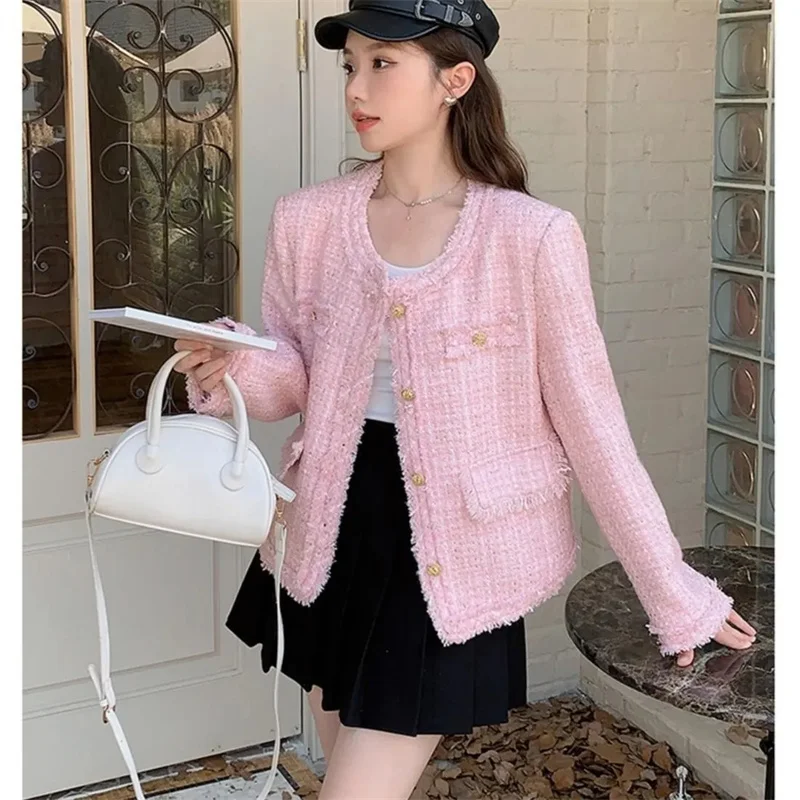 2025 Women Small Fragrance Short Coat Korean Sweet Tweed Jacket Elegant Slim Chic O Neck Single Breasted Female Outwear Tops - Image 3