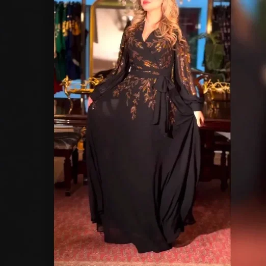 Alternative view of Fashionable V-neck Long Sleeve Waist-cinching Dress Spring Summer New Style Retro Design Cross-Border Elegant Midi Dress