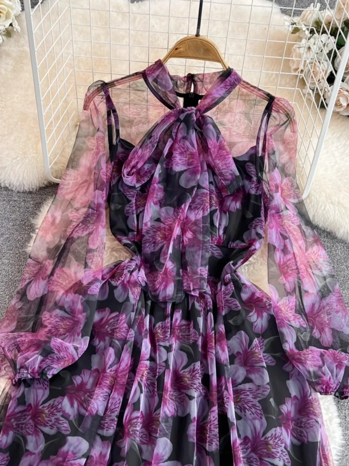 Ele Long Sve Knot Waist Cinched Slim A-Line Printed Chiffon Dr Midi Skirt Ele Full Length Gown