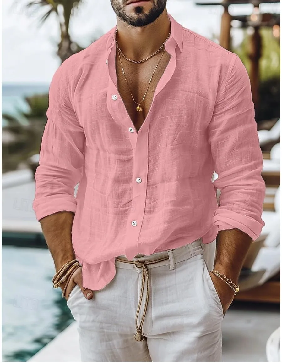 Men's solid color cotton and linen blend breathable moisture-wicking easy-care long-sleeved shirt, business casual slim fit. Qui