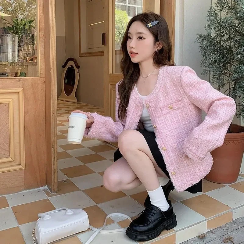 2025 Women Small Fragrance Short Coat Korean Sweet Tweed Jacket Elegant Slim Chic O Neck Single Breasted Female Outwear Tops - Image 6