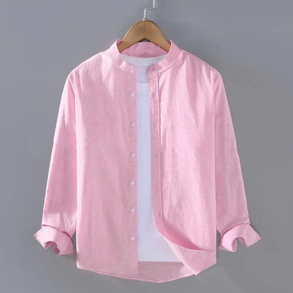 Flax Men Spring And Summer Stand Collar Long Sleeve Fashionable Men's Shirt Cotton Linen Shirt for Men Vintage Vacation Shirts