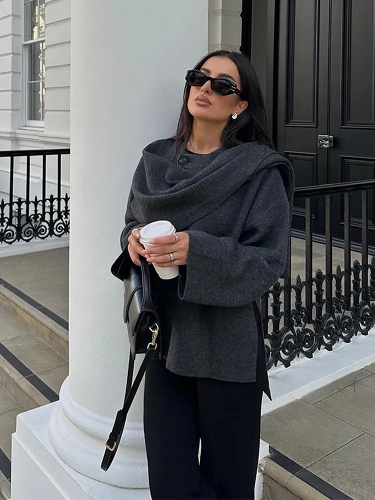 Alternative view of Autumn Winter New Female Cape Solid Long Sleeve Knitted Coat Fashion Scarf Collar Warm Women Short Jacket Elegant Streetwear