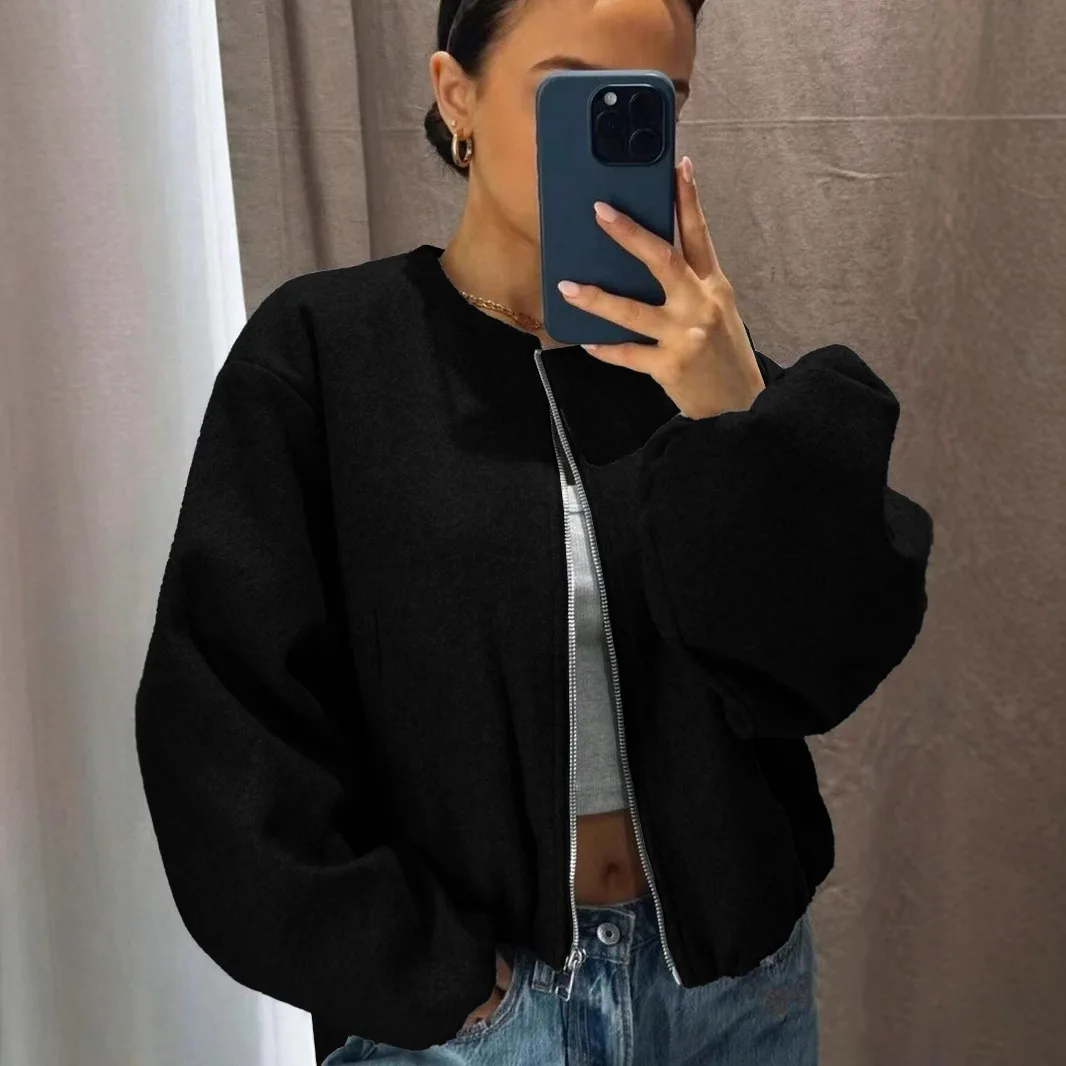 Coats Solid Zipper Cardigan Women O Neck Jacket Long Sleeve Spliced Pockets Loose Fit Autumn 2025 Casual Slight Strech