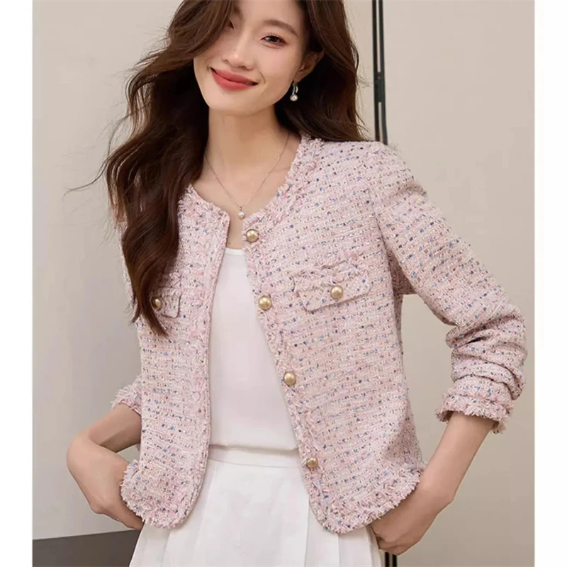 Ladies Short Jacket 2025 Spring Autumn High End Single-Breasted Lady Outerwear High-Grade Tweed Retro Style Women's Slim Coat