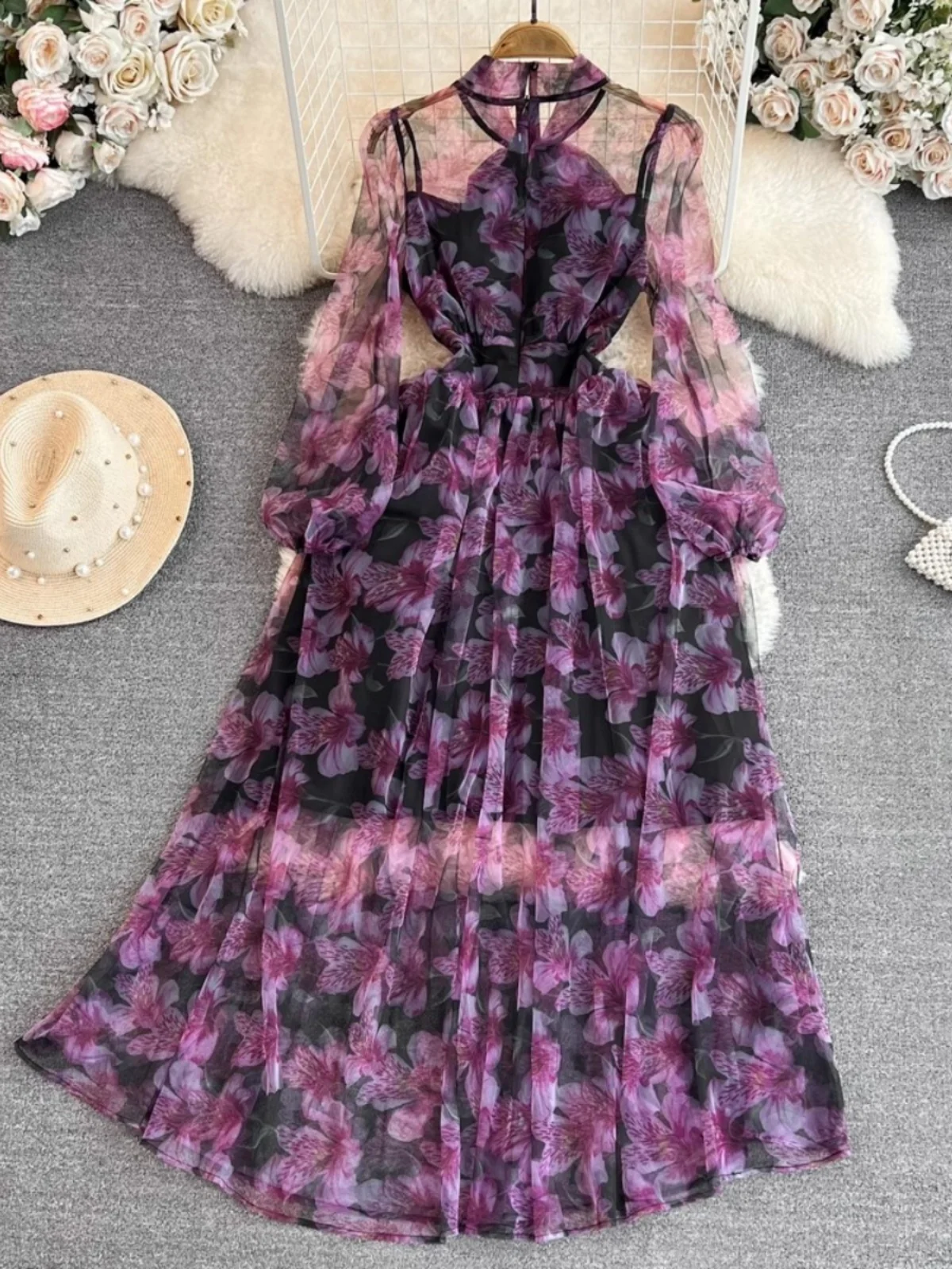 Alternative view of Ele Long Sve Knot Waist Cinched Slim A-Line Printed Chiffon Dr Midi Skirt Ele Full Length Gown