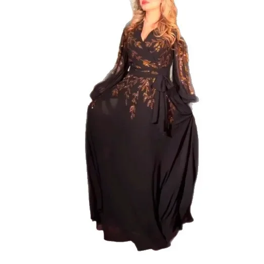 Fashionable V-neck Long Sleeve Waist-cinching Dress Spring Summer New Style Retro Design Cross-Border Elegant Midi Dress - Image 5