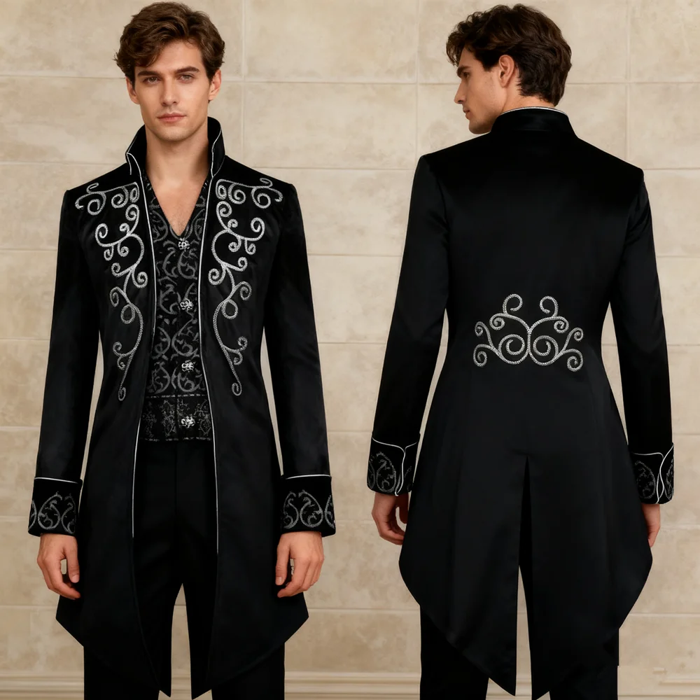 Halloween Men Steampunk Gothic Victorian Jacket Vintage Velvet Tailcoat Medieval Frock Coat Uniform Renaissance Costume Homme