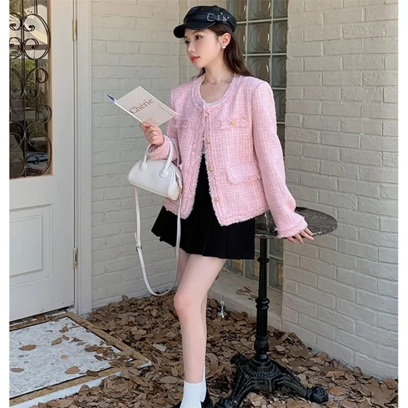 2025 Women Small Fragrance Short Coat Korean Sweet Tweed Jacket Elegant Slim Chic O Neck Single Breasted Female Outwear Tops - Image 5