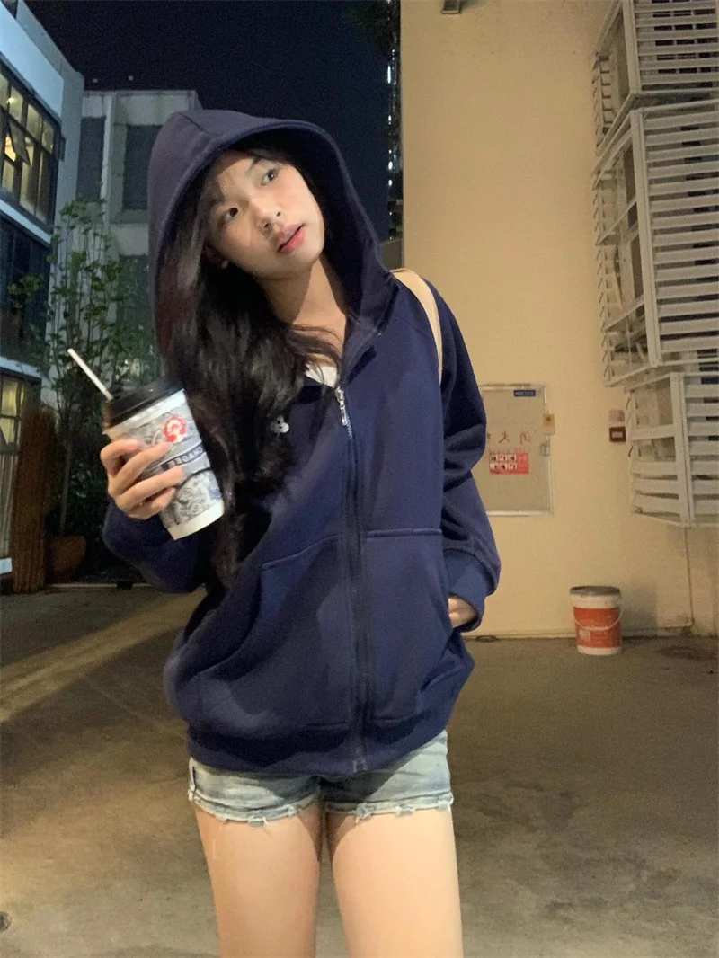 Neutral Style Navy Blue Revealing White Loose Cardigan Zip Vp Shirt Ins Trendy Brand American Autumn Winter Fleece Jacket Hoodie