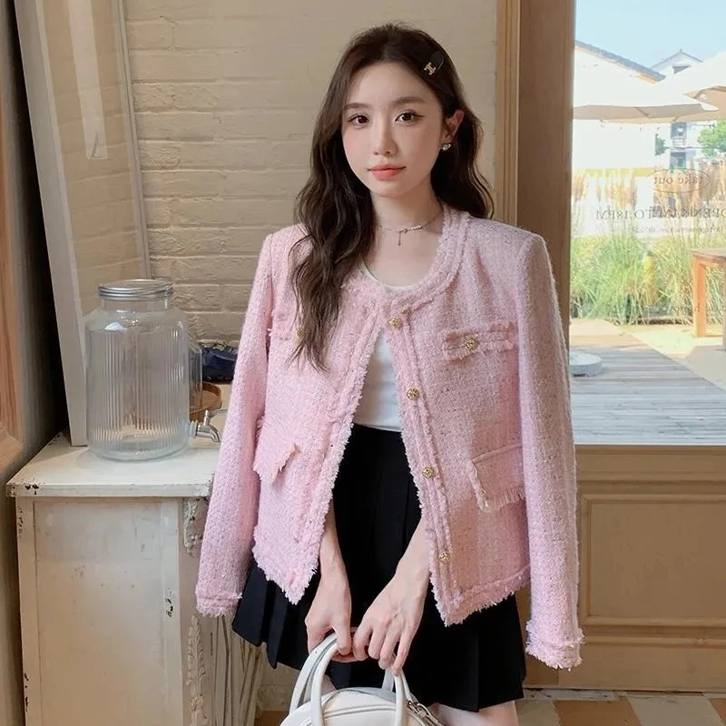 2025 Women Small Fragrance Short Coat Korean Sweet Tweed Jacket Elegant Slim Chic O Neck Single Breasted Female Outwear Tops
