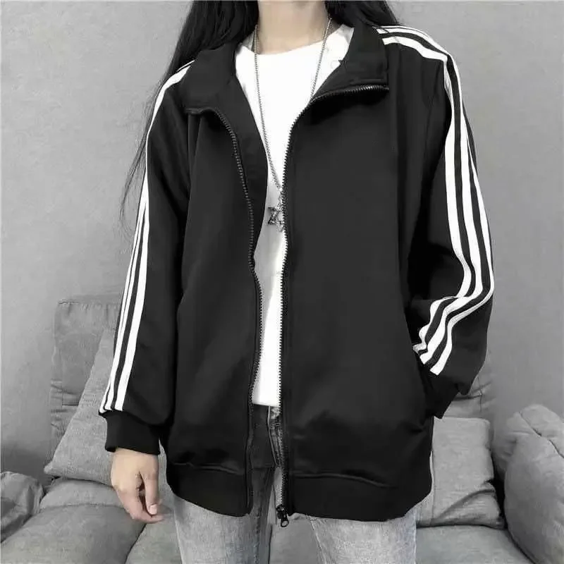 Autumn Winter Three-Stripes Baseball Jacket Thin Style Unisex Loose Fit Pure Color Korean Version Student Class Uniform Top